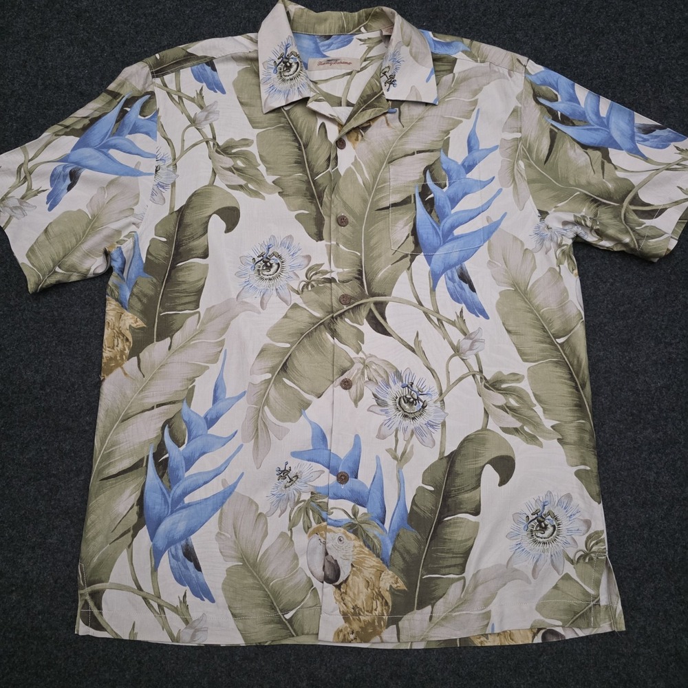 Tommy Bahama Men's Medium Silk Ivory Green Tropical Short Sleeve‎ Button Shirt